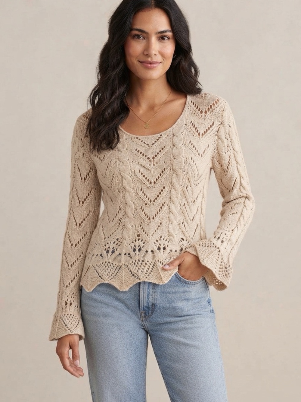 Sundance Beige Cable Open Knit Scallop Bell Sleeve Fairy Cottagecore Sweater M